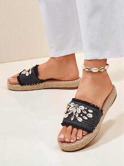Sandały damskie Royalfashion Helena Decor czarne espadryle z muszelkami