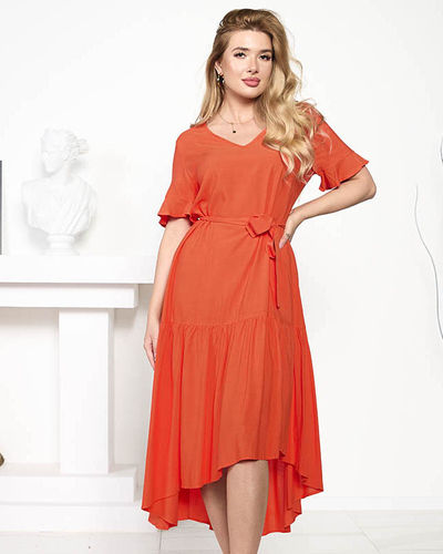 Rochie maxi de dama portocalie cu cravata - Imbracaminte