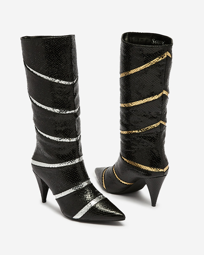 Cizme negre și argintii cu toc stiletto de damă cu dungi în relief Felifea- Footwear
