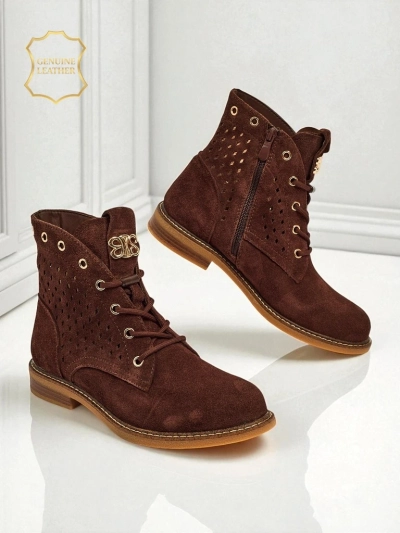 Aurelia Botine Maro din Piele Întoarsă cu Blană Ajurate Elegante 2,5cm