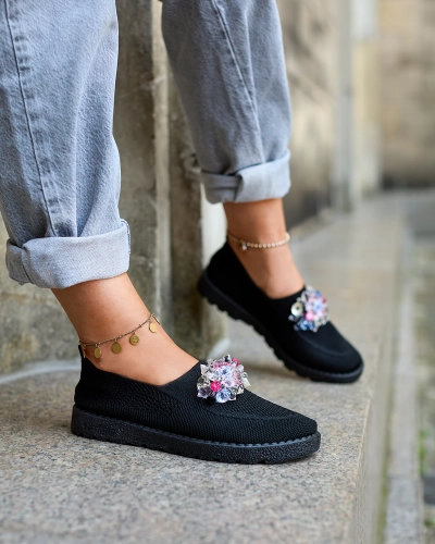 Royalfashion Mocasini negri din material textil pentru femei cu cristale Fezens