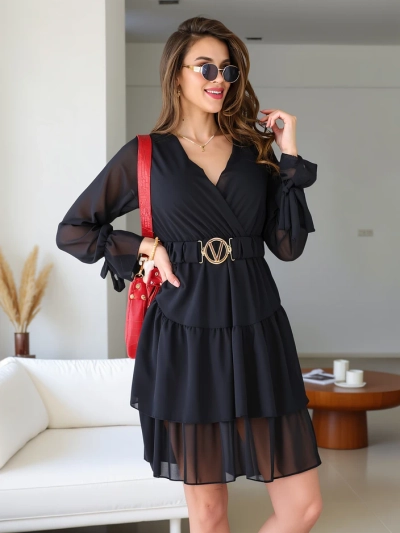 Rochie mini Royalfashion pentru femei cu volane și guler înfășurat