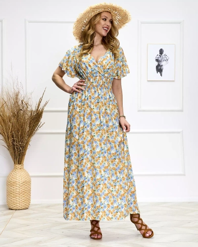 Rochie midi florală de damă albastră și galbenă - Pantofi