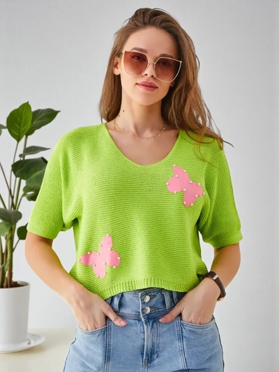 Royalfashion Pulover scurt din bumbac pentru femei cu fluturi