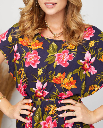 Rochie de vara de dama bleumarin cu flori colorate - Imbracaminte