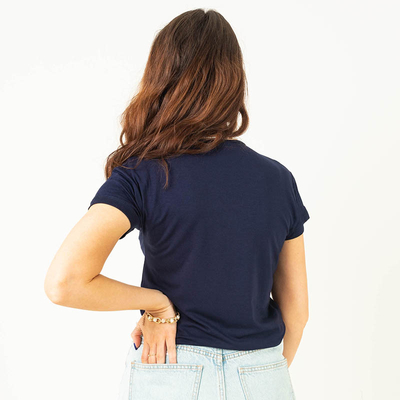 Tricou de damă bleumarin cu inscripție cu paiete - Îmbrăcăminte