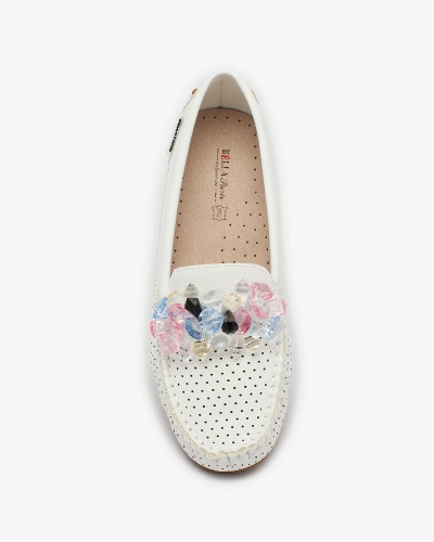 Royalfashion Mocasini albi de damă, ajurați, cu cristale decorative Cizzas
