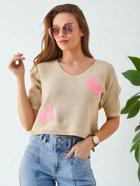 Royalfashion Pulover scurt din bumbac pentru femei cu fluturi