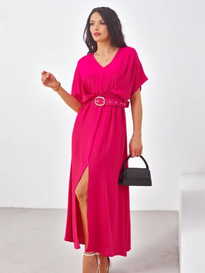 Rochie midi Royalfashion pentru femei cu mâneci scurte, decolteu în V și slit central