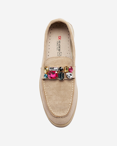 Mocasini pentru femei din piele de căprioară ecologică maro deschis cu cristale decorative Nellens- Footwear