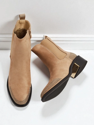 Botine de damă din piele ecologică întoarsă, decorate cu zirconii TangleMist