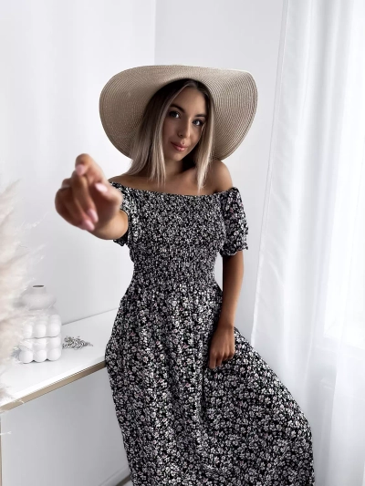 Rochie midi neagră cu flori pentru femei - Îmbrăcăminte