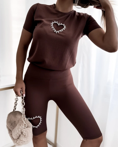 Royalfashion Set sport pentru femei din două piese cu zirconiu în maro