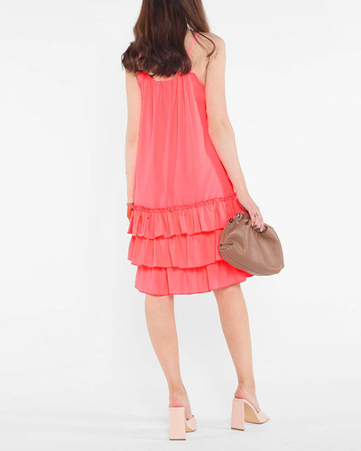 Rochie de dama roz neon pe bretele cu volane - Imbracaminte