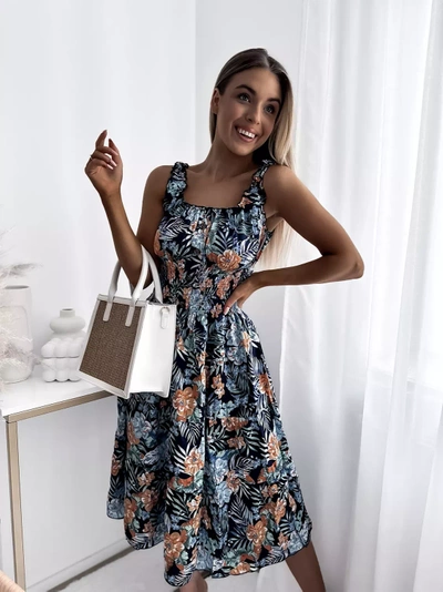 Rochie de damă până la genunchi, albastru marin, cu motiv floral- Îmbrăcăminte