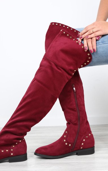 Bordowe, długie kozaki Lucette- Obuwie