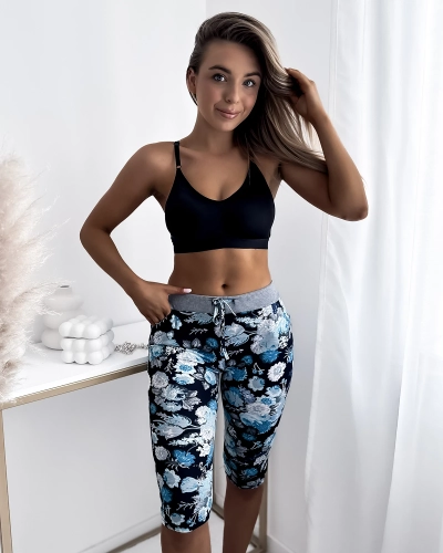 Pantaloni scurți 3/4 de damă, albastru închis, cu model floral - Îmbrăcăminte
