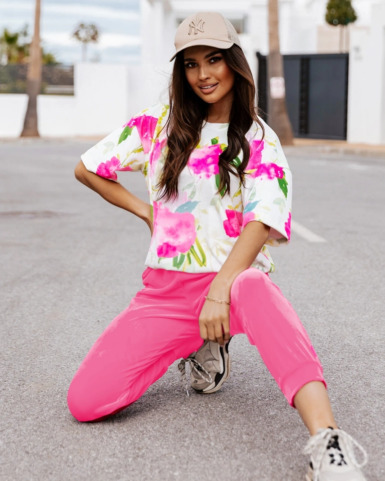 Royalfashion Set trening pentru femei din velur roz închis cu motiv floral