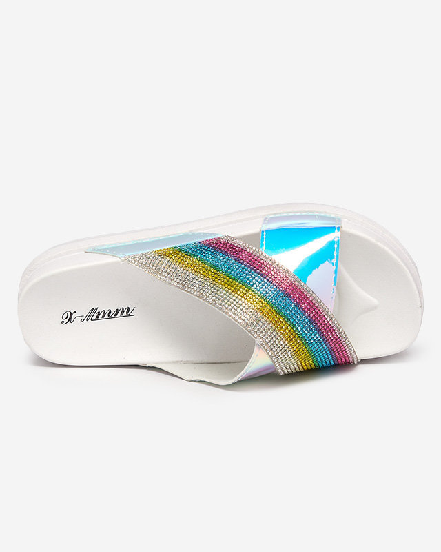 OUTLET Papuci albi holografici de dama cu paiete Yalay - Incaltaminte