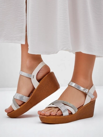Sandale cu toc wedge Royalfashion pentru femei, cu pietre strass și sclipici Glittera