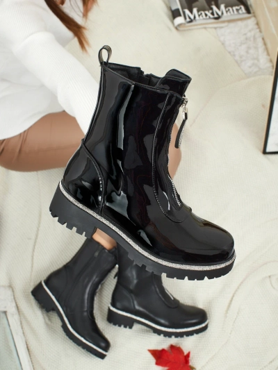 Botine de damă din piele ecologică lăcuită cu zirconiu Nuvina