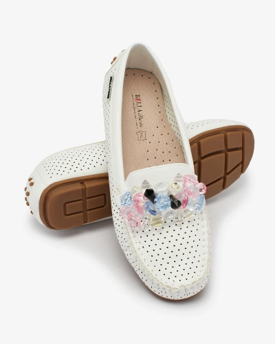 Royalfashion Mocasini albi de damă, ajurați, cu cristale decorative Cizzas