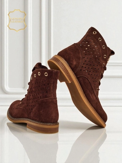 Aurelia Botine Maro din Piele Întoarsă cu Blană Ajurate Elegante 2,5cm