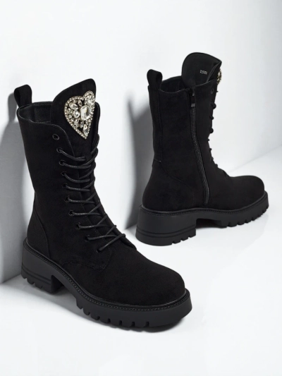 Botine de damă Emelune din piele ecologică intoarsă cu șireturi