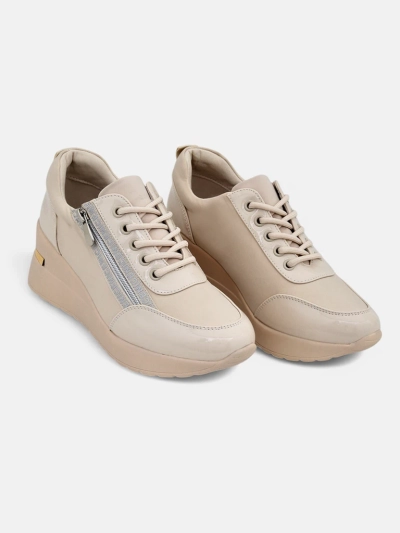 Sneakers dama cu toc HeraBea bej din piele ecologica 6,5 cm cu fermoar