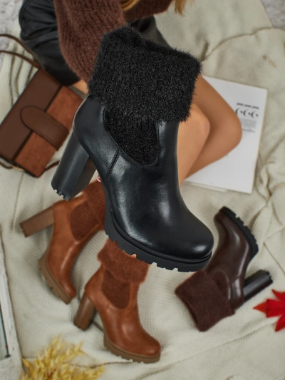 Botine de damă din piele ecologică cu toc gros și tricot Tirave