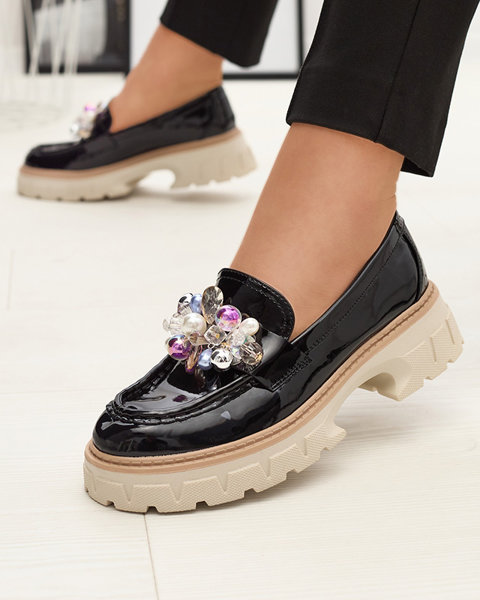 Mocasini de damă lăcuiți negri cu ornament Leliab- Footwear