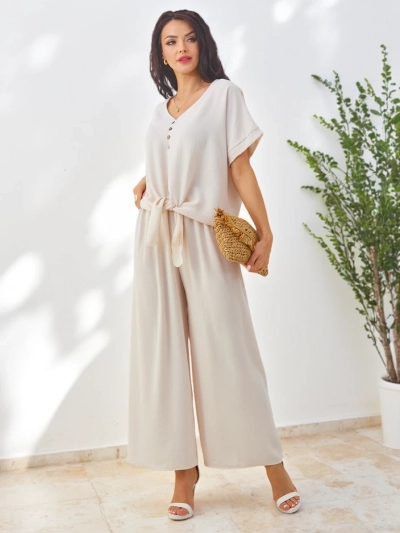 Royalfashion Set casual pentru femei cu bluză cu mânecă scurtă și pantaloni larghi