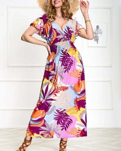 Rochie lungă pentru femei mov cu imprimeu floral - Îmbrăcăminte