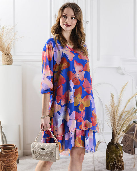 Rochie de damă albastru marin până la genunchi cu imprimeu și volan - Îmbrăcăminte