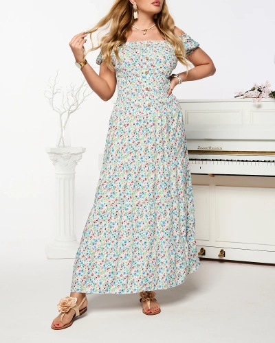 Rochie albă lungă pentru femei a'la hiszpanka cu imprimeu- Îmbrăcăminte