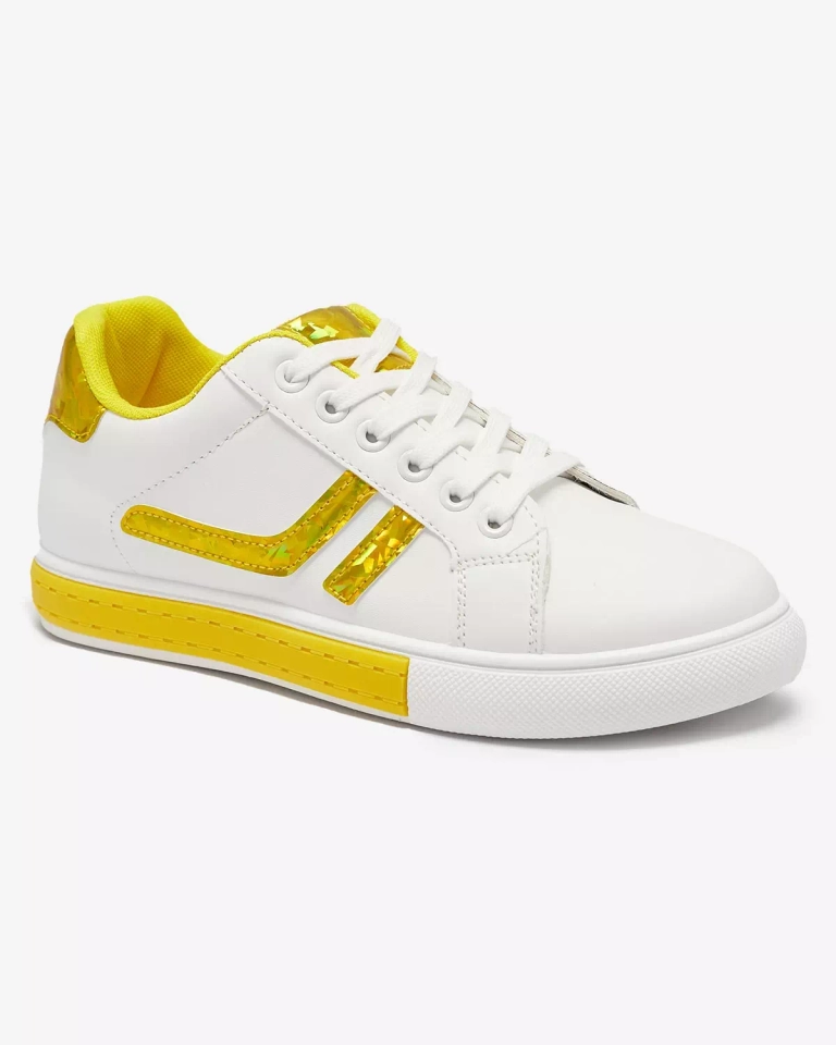 Pantofi sport de damă albi cu inserții holografice galbene Bielga- Footwear