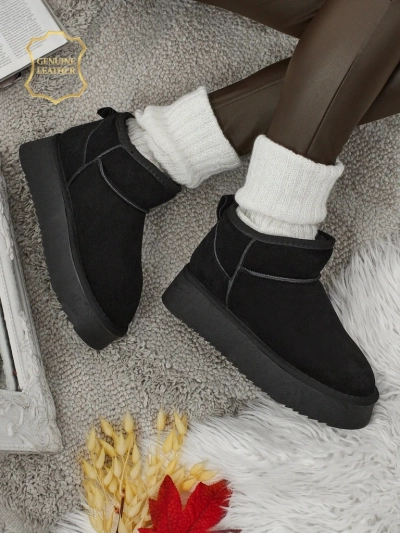 Botine scurte tip snowboots pentru femei, din piele naturală, Elunara