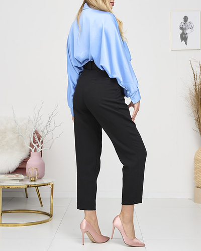 Bluză lungă de damă din satin albastru cu legătură - Îmbrăcăminte