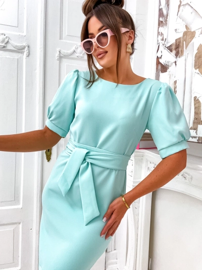 Royalfashion Rochie de damă până la genunchi cu mâneci scurte bufante și curea