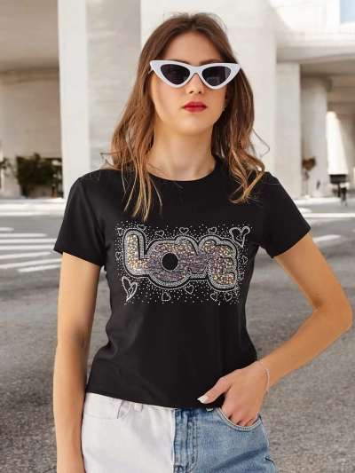 Royalfashion Tricou din bumbac pentru femei LOVE cu strasuri