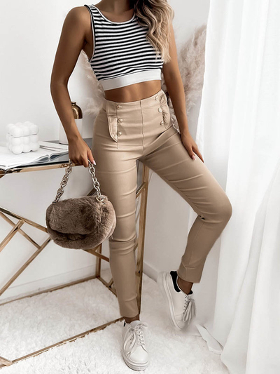 Pantaloni teggings bej de damă cu nasturi - Îmbrăcăminte