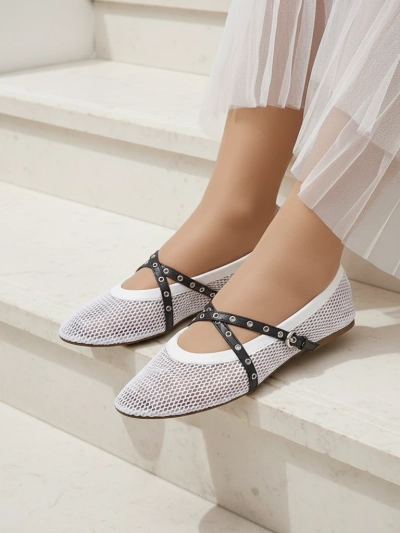 Balerini Royalfashion Calista Bianca – pantofi de damă albi tip plasă cu barete negre