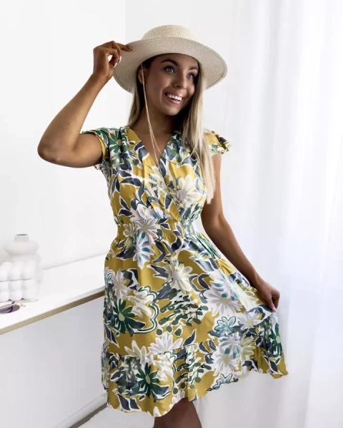 Rochie mini de damă muștar cu imprimeu floral - Îmbrăcăminte