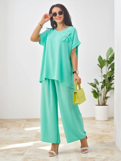 Set Royalfashion pentru femei cu mâneci scurte, floare decorativă și pantaloni largi