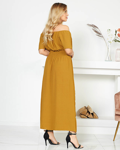 Rochie midi mustar cu talie elastica - Imbracaminte