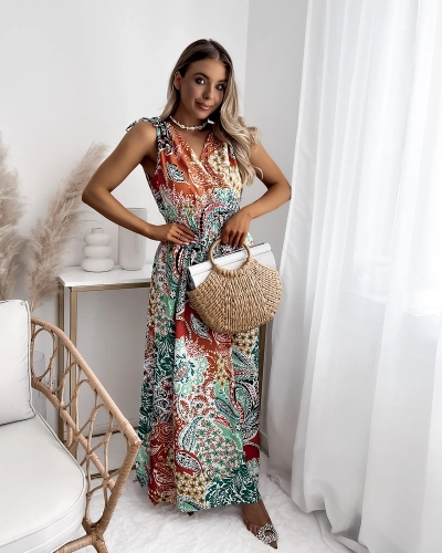 Rochie midi de damă verde și portocalie cu motive, verde și portocaliu Îmbrăcăminte