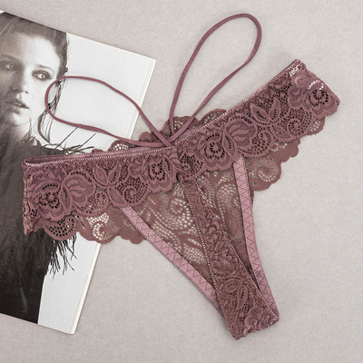 Tanga de dama cu bretele din dantela maro si violet - Lenjerie intima