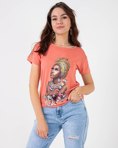 Tricou de dama portocaliu cu imprimeu colorat si paiete - Imbracaminte