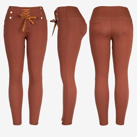 Brązowe damskie spodnie typu tregginsy z wiązaniem - Spodnie