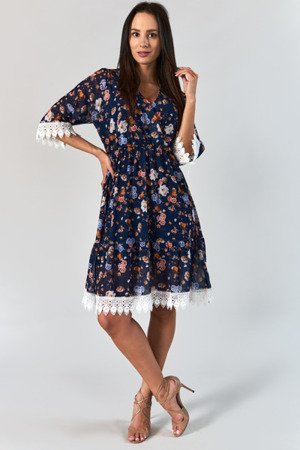 Granatowa sukienka midi w kwiaty - Odzież